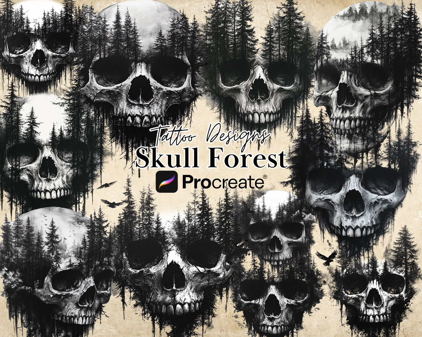 Procreate Skulls Stamp Brushes Bundle Tattoo Designs