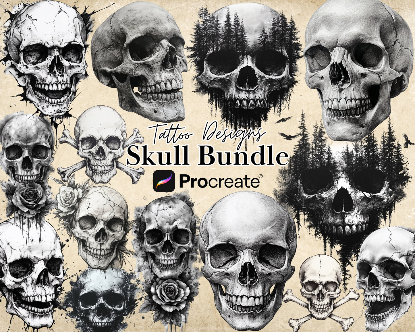 Procreate Skulls Stamp Brushes Bundle Tattoo Designs