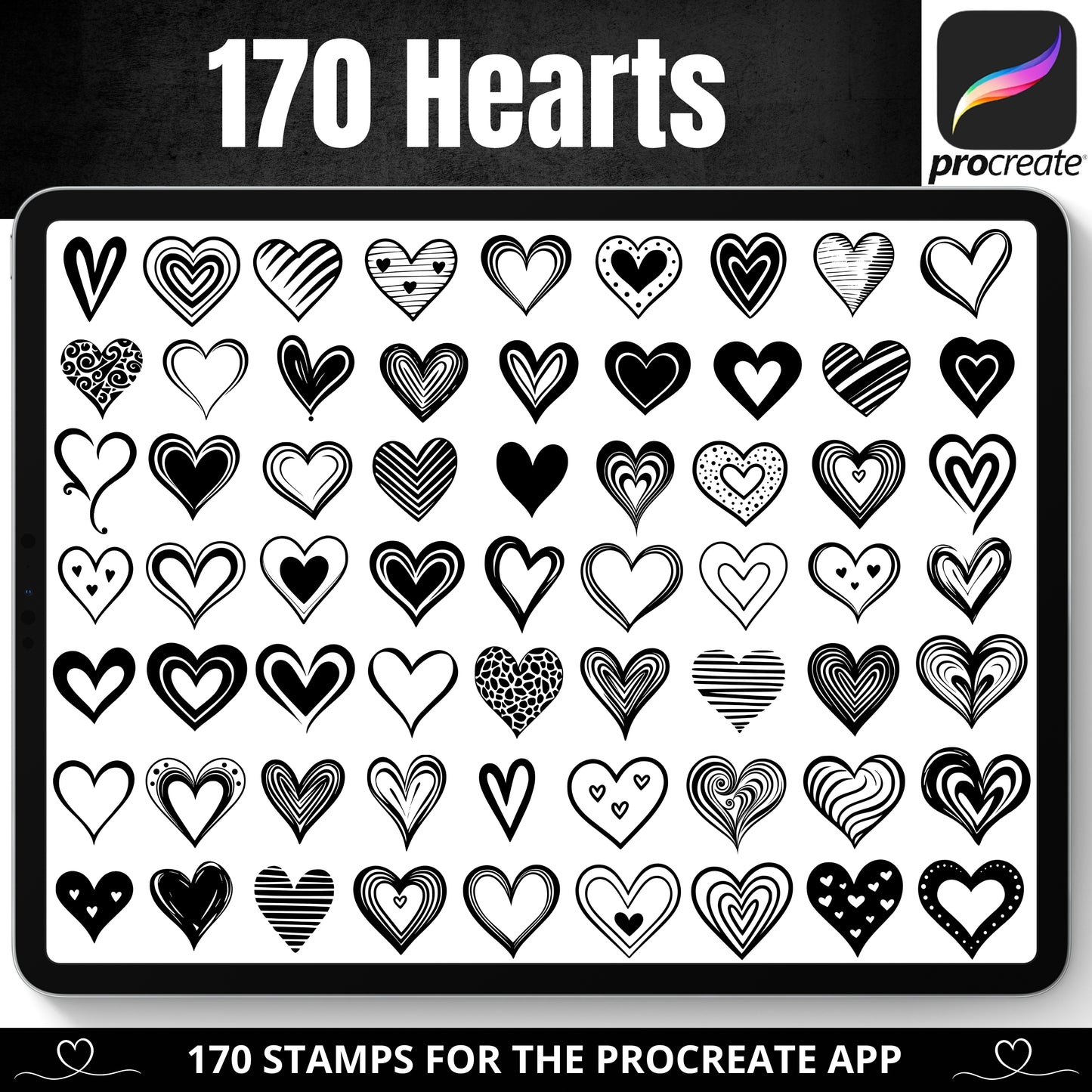 Digital brushes for the Procreate app, includes a bundle of 170 heart stamps designs