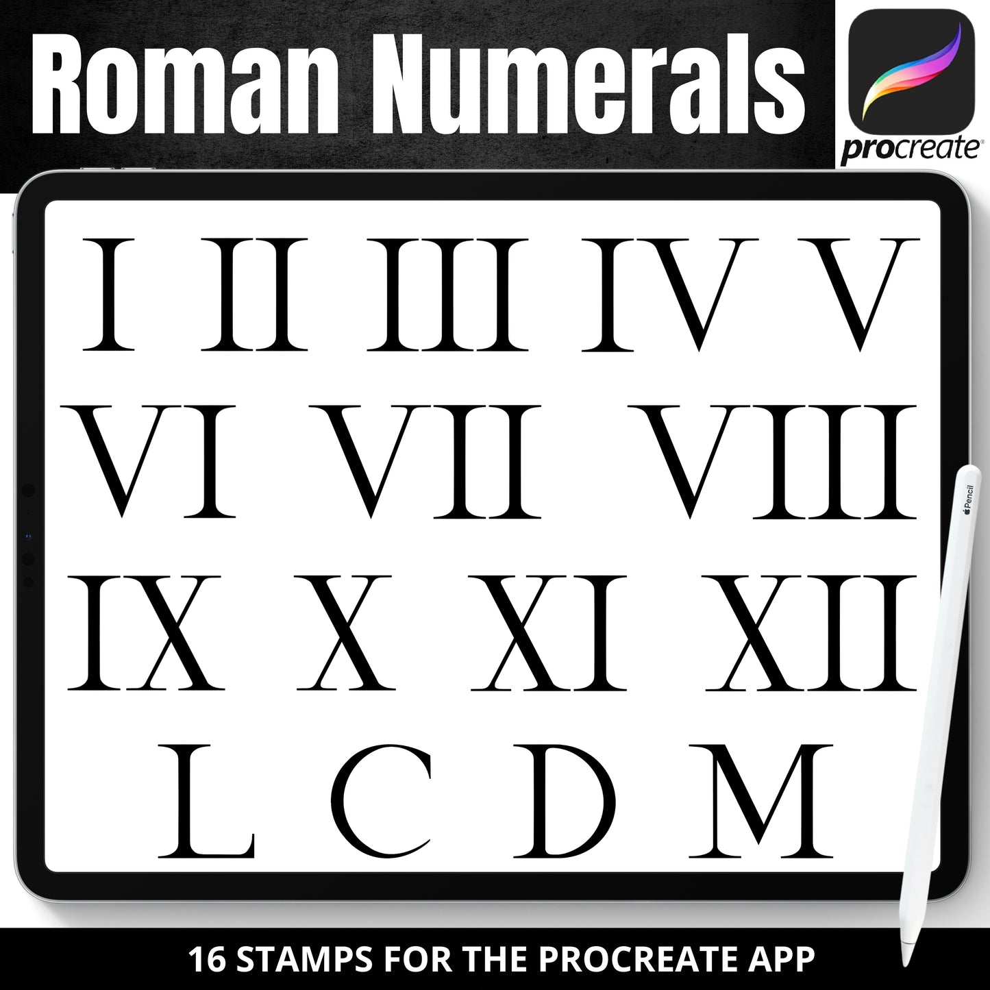 Digital Stamp brushes of roman numerals for the procreate app displayed on an iPad