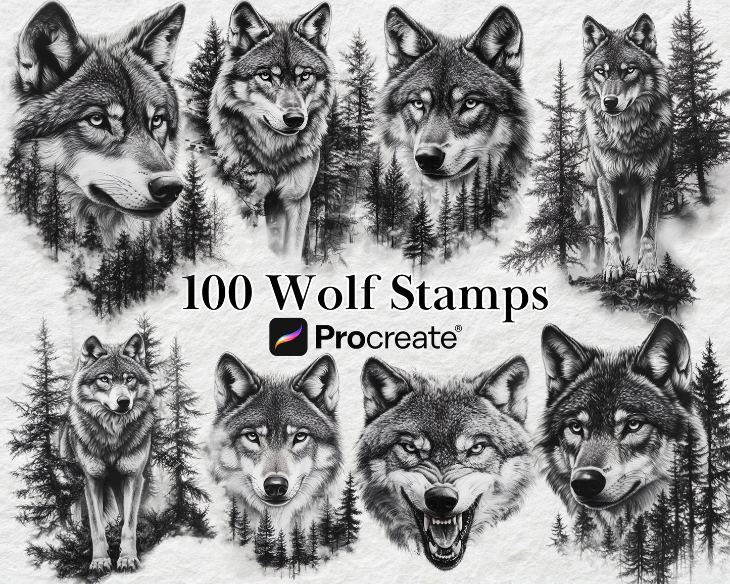 Procreate Stamp Brushes Bundle 100 Wolves & Forest Scenery