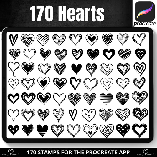 Digital brushes for the Procreate app, includes a bundle of 170 heart stamps designs 