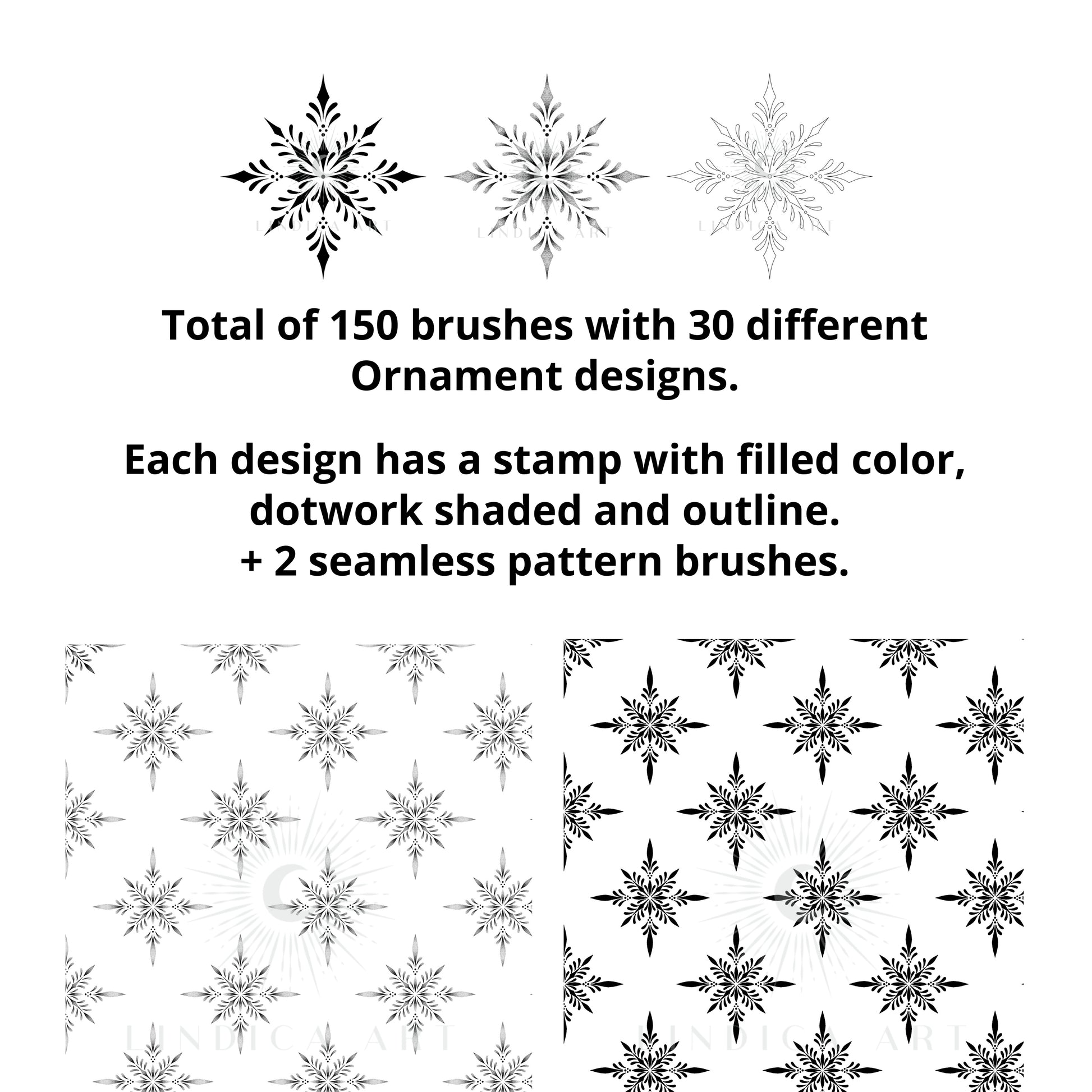 Digital stamps and ornament seamless pattern brushes for the Procreate app. Includes a bundle of dotwork ornamental mandala tattoo designs and stencils