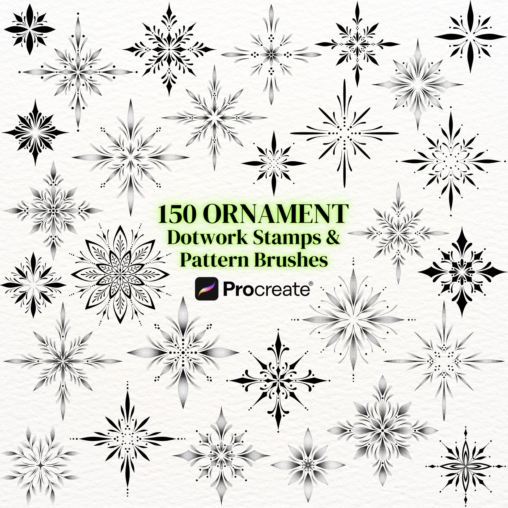 Digital stamps and ornament pattern brushes for the Procreate app. Includes a bundle of dotwork ornamental mandala tattoo designs