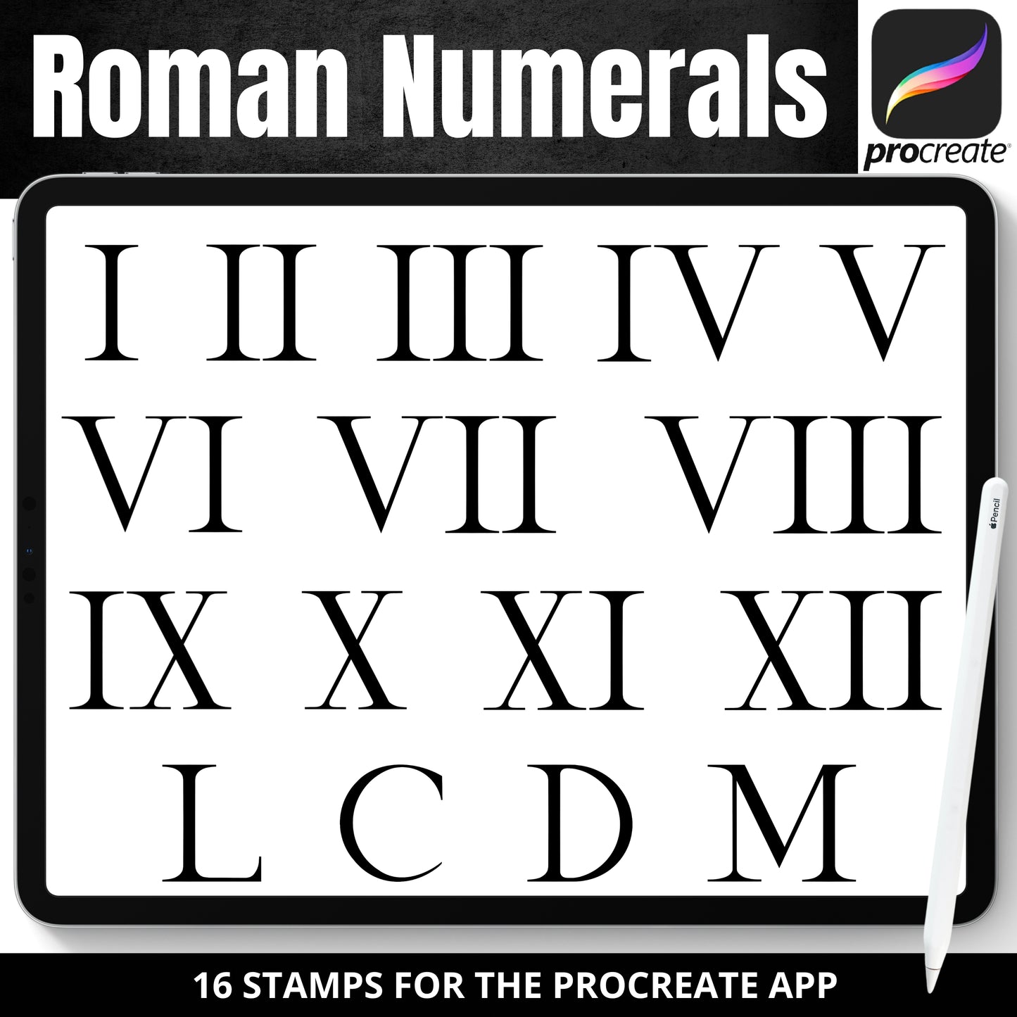 Digital Stamp brushes of roman numerals for the procreate app displayed on an iPad 