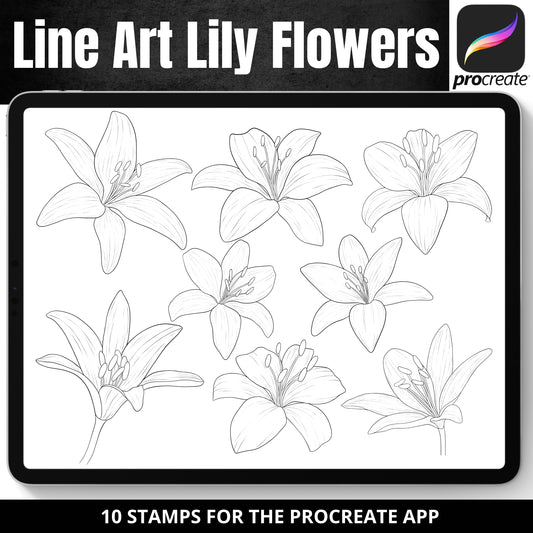 Procreate Stamp Brushes - Line art lily flowers tattoo designs 