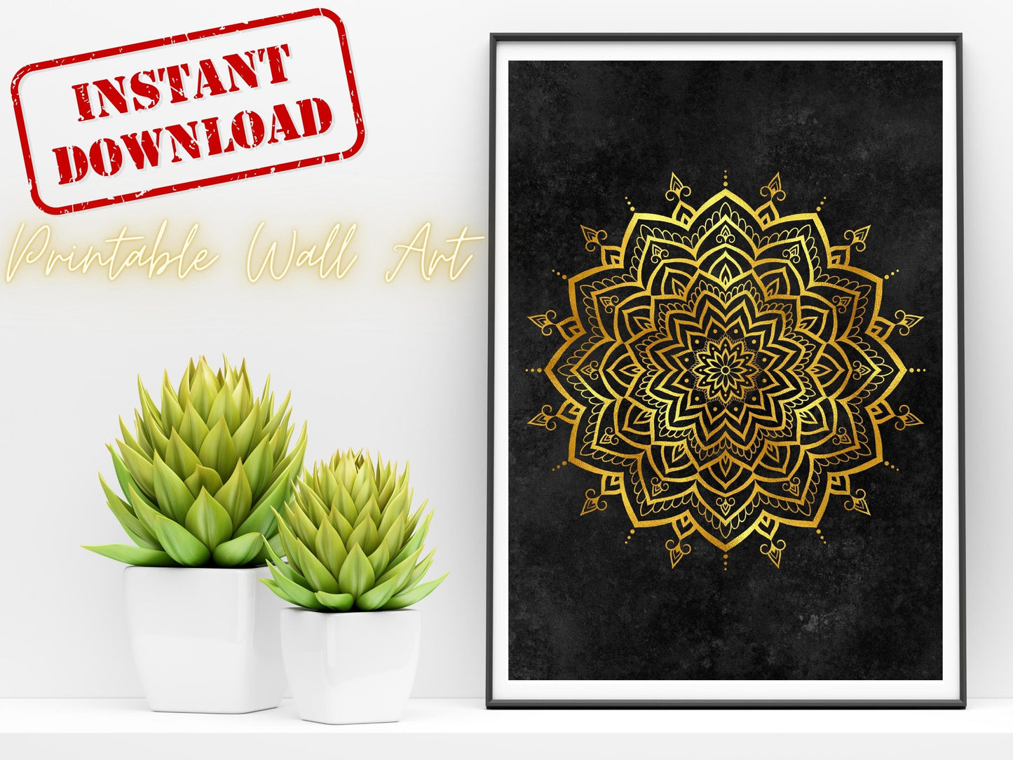 Mandala Guld Svart - Printa hemma 5 JPG Digital Download