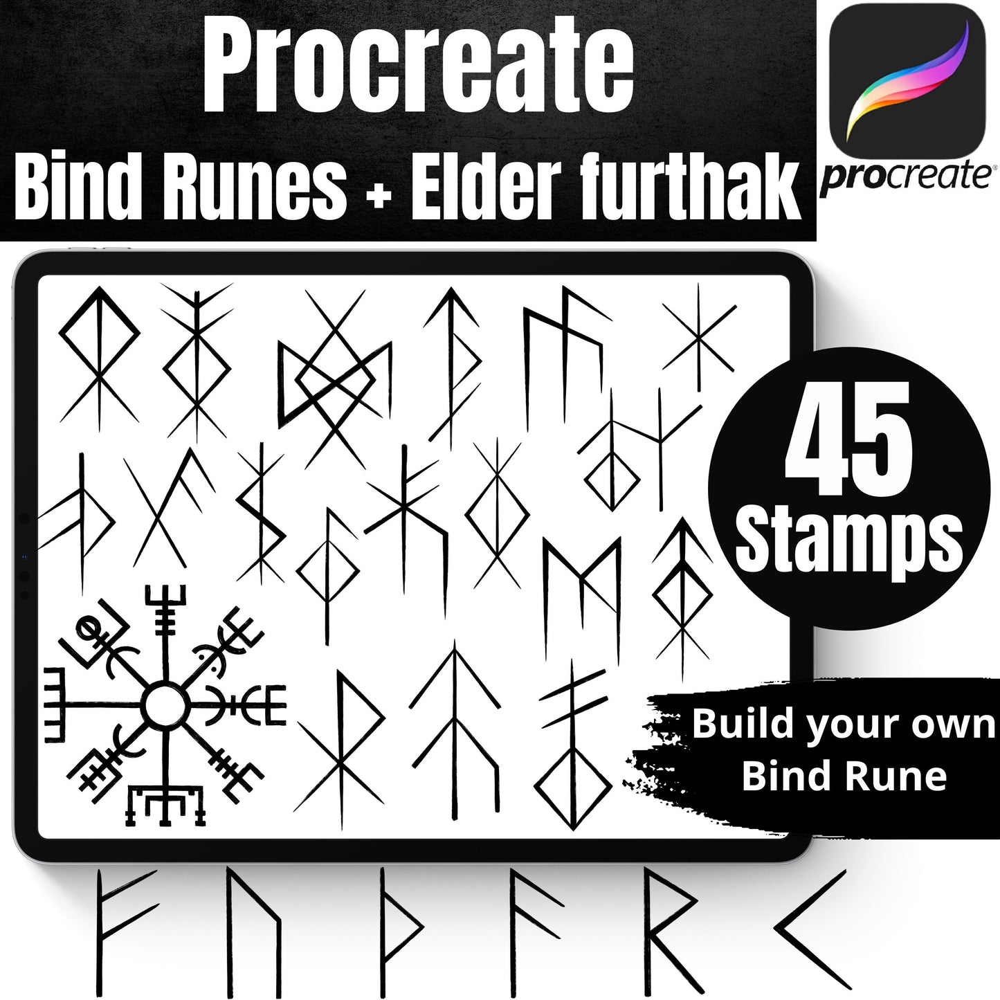 Procreate Viking Runes Elder Futhark Stamps - Build your own Bind Rune Vegvisir