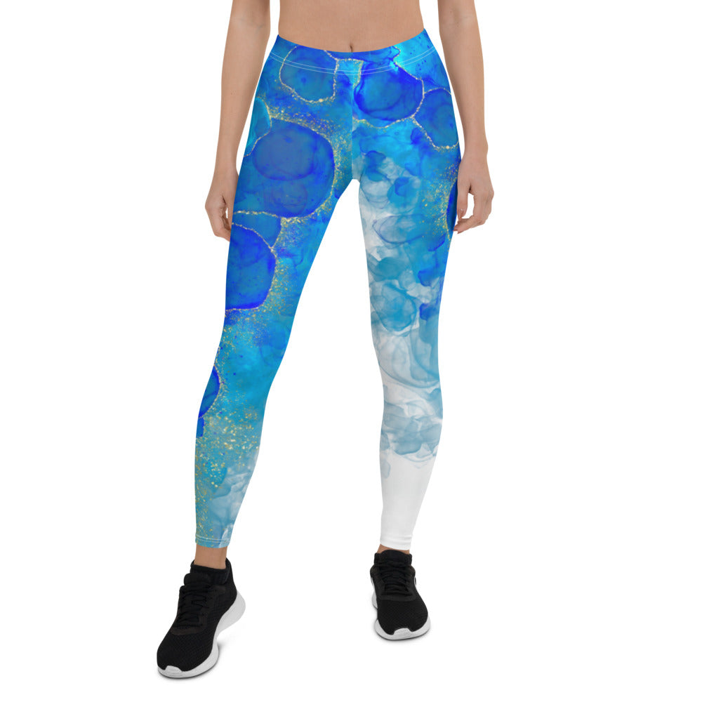 Leggings Colorful blue, turquoise and gold. Unique womens leggings abstract art 