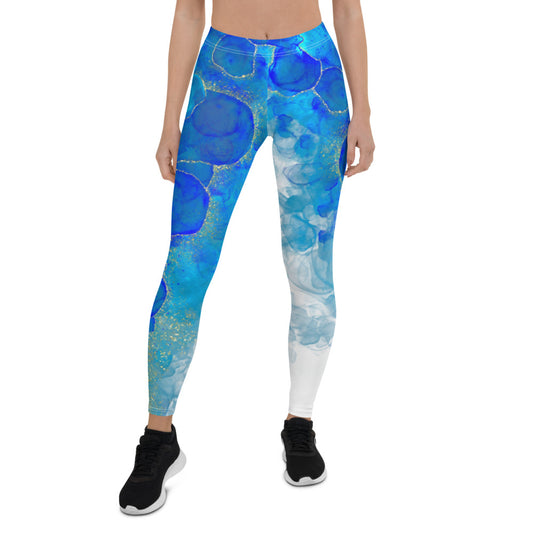 Leggings Colorful blue, turquoise and gold. Unique womens leggings abstract art 